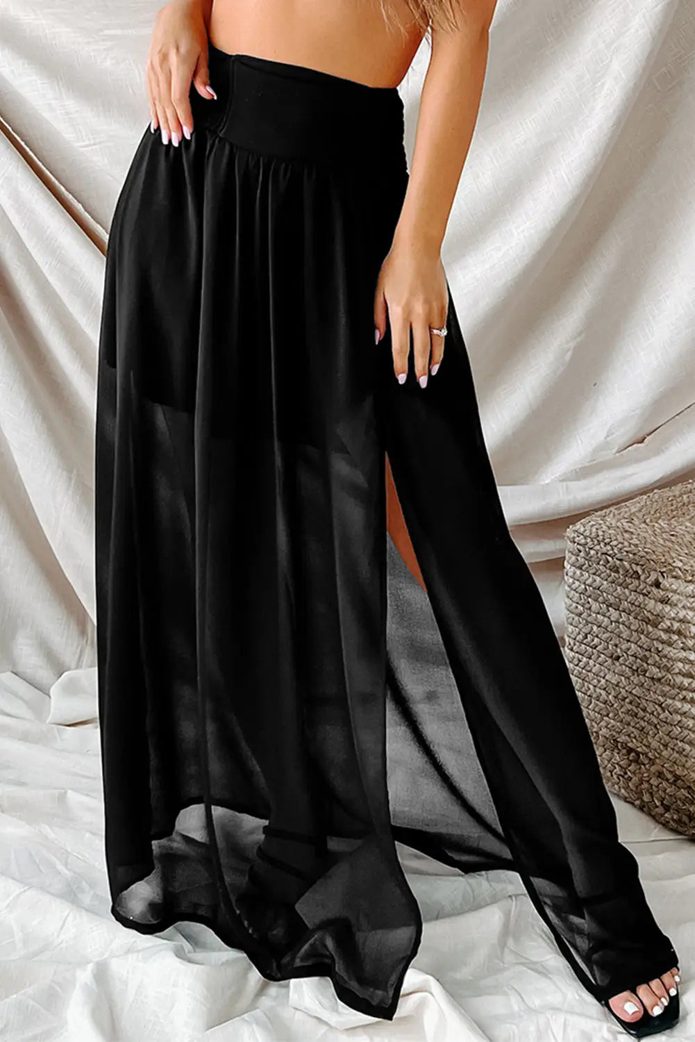 Black shirred high waist chiffon split beach maxi skirt - s / 100% polyester - bottoms
