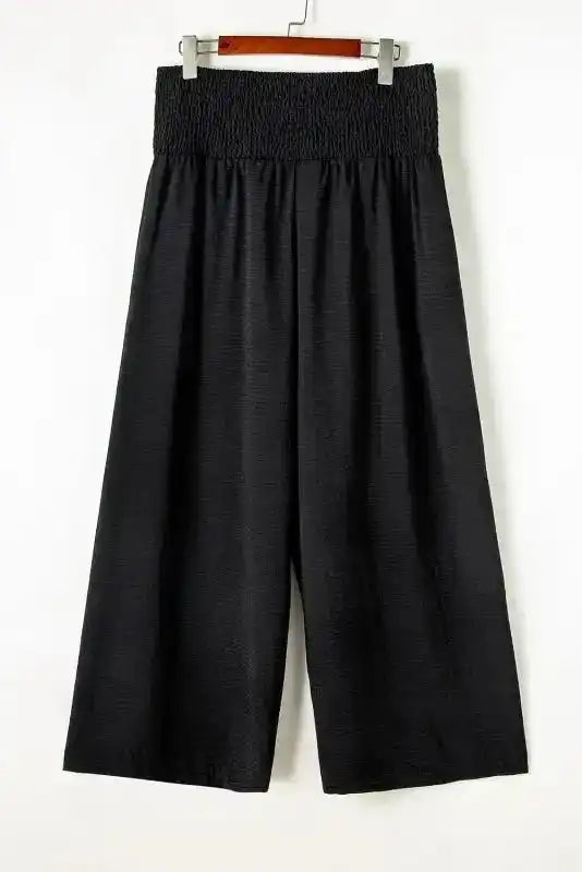 Black Shirred High Waist Plus Size Wide Leg Pants - Fashionfitz