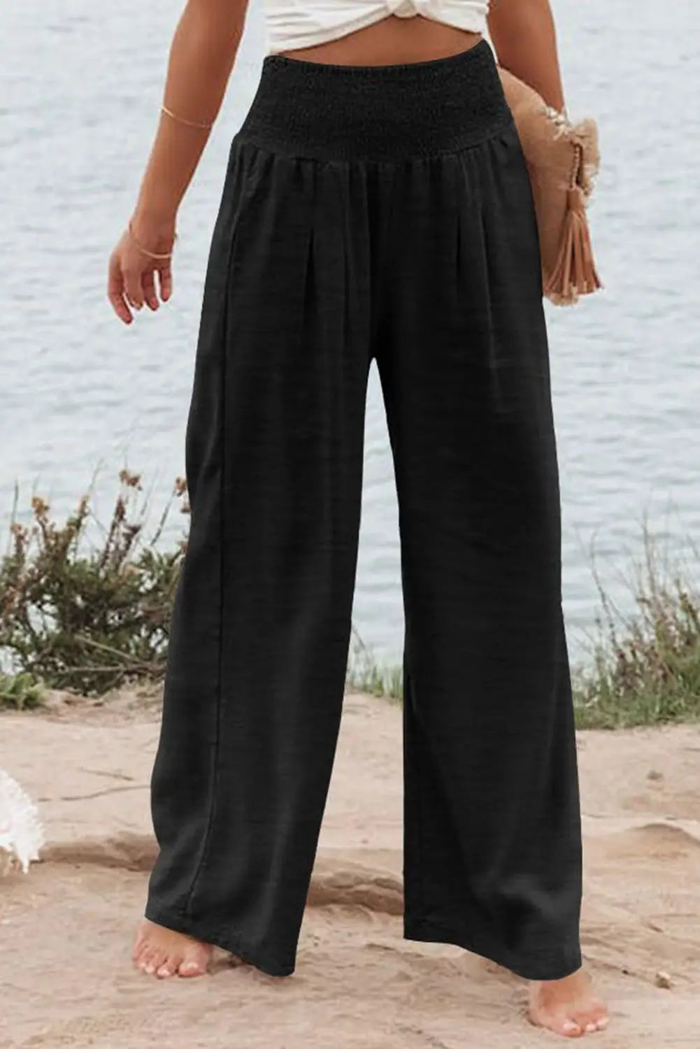 Black shirred high waist plus size wide leg pants - 1x / 100% polyester