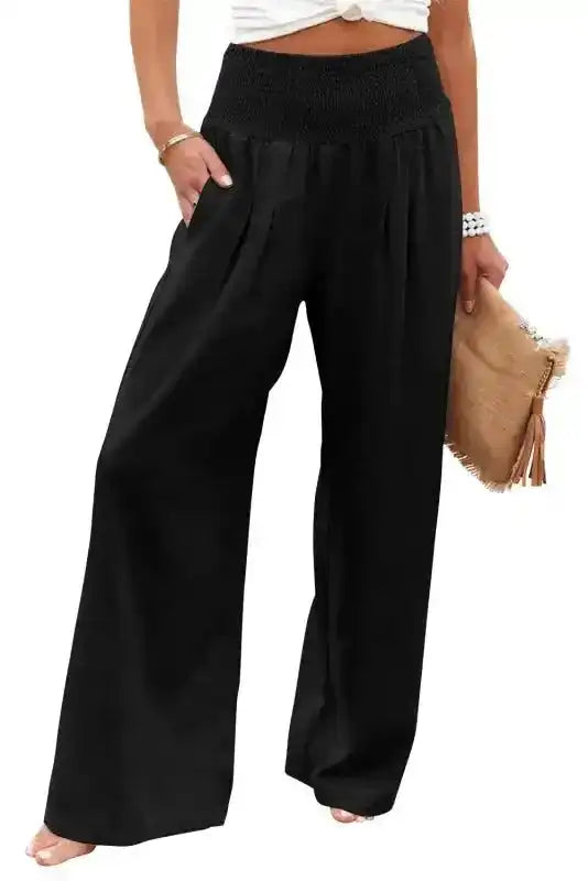 Black Shirred High Waist Plus Size Wide Leg Pants - Fashionfitz