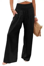 Black Shirred High Waist Plus Size Wide Leg Pants - Fashionfitz