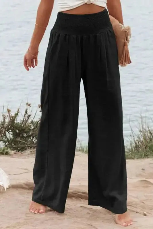 Black Shirred High Waist Plus Size Wide Leg Pants - Fashionfitz
