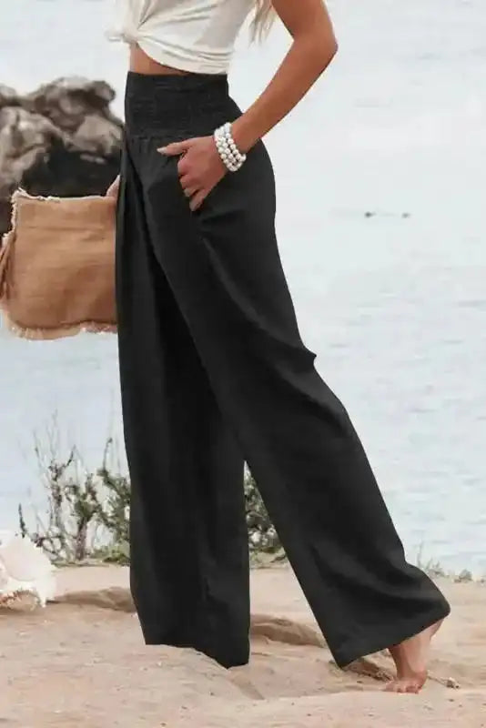 Black Shirred High Waist Plus Size Wide Leg Pants - Fashionfitz