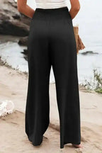 Black Shirred High Waist Plus Size Wide Leg Pants - Fashionfitz