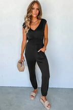 Black Shirred Jumpsuit - High Waist Sleeveless V-Neck - Fashionfitz