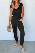 Black Shirred Jumpsuit - High Waist Sleeveless V-Neck - Fashionfitz