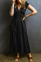 Black Short Sleeve Shirred High Waist V Neck Maxi Dress - Fashionfitz