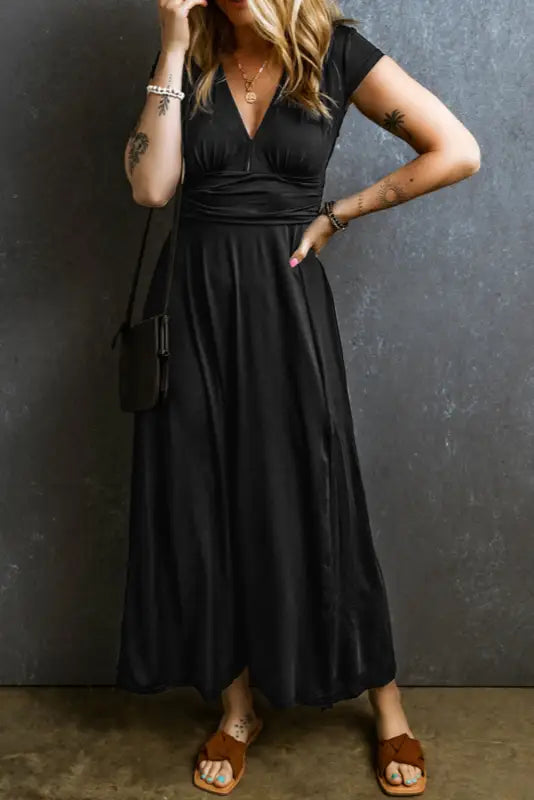 Black short sleeve shirred high waist v neck maxi dress - l / 65% polyester + 30% viscose + 5% elastane - dresses