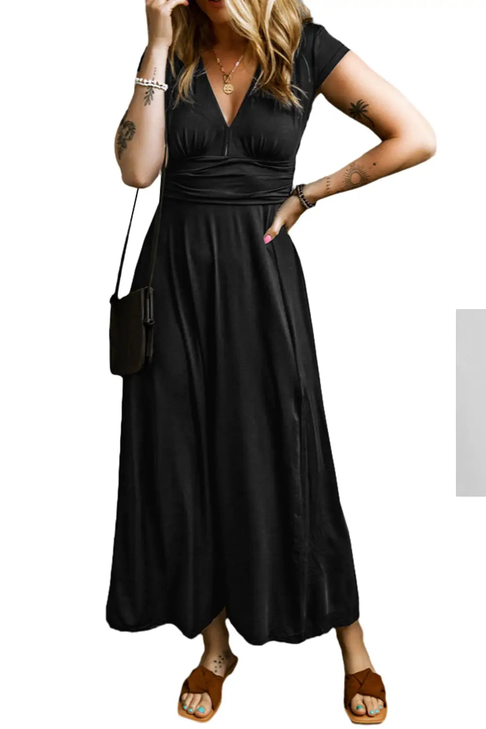 Black short sleeve shirred high waist v neck maxi dress - dresses