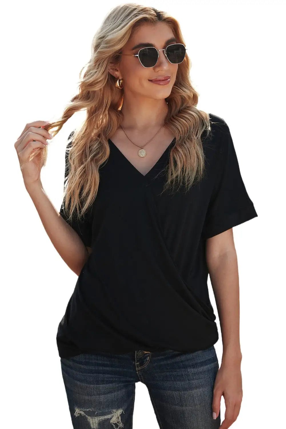 Black short sleeves drape knit top - t-shirts