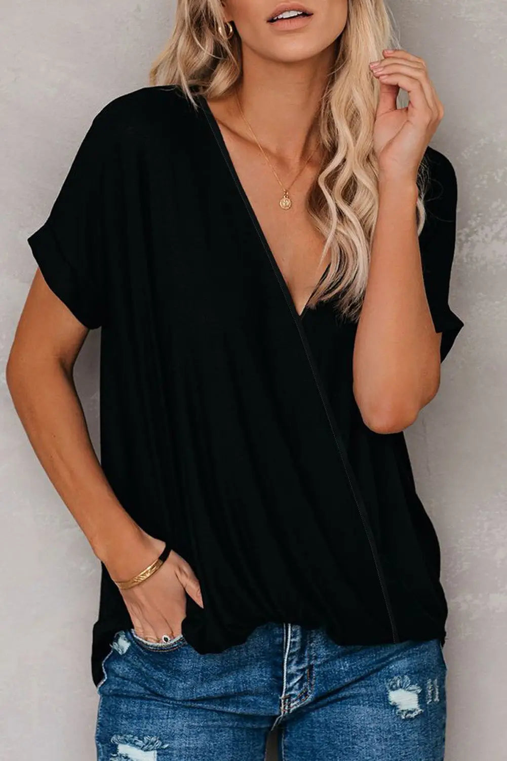 Black short sleeves drape knit top - t-shirts