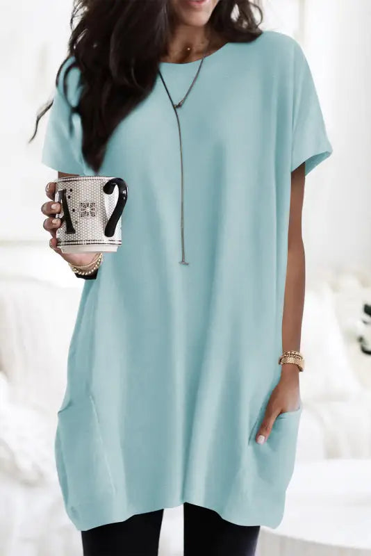 Black side pockets short sleeve tunic length plus size t shirt - sky blue-2 / s / 60% polyester + 35% viscose + 5%