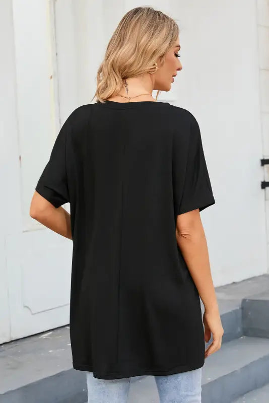 Black side pockets short sleeve tunic length plus size t shirt