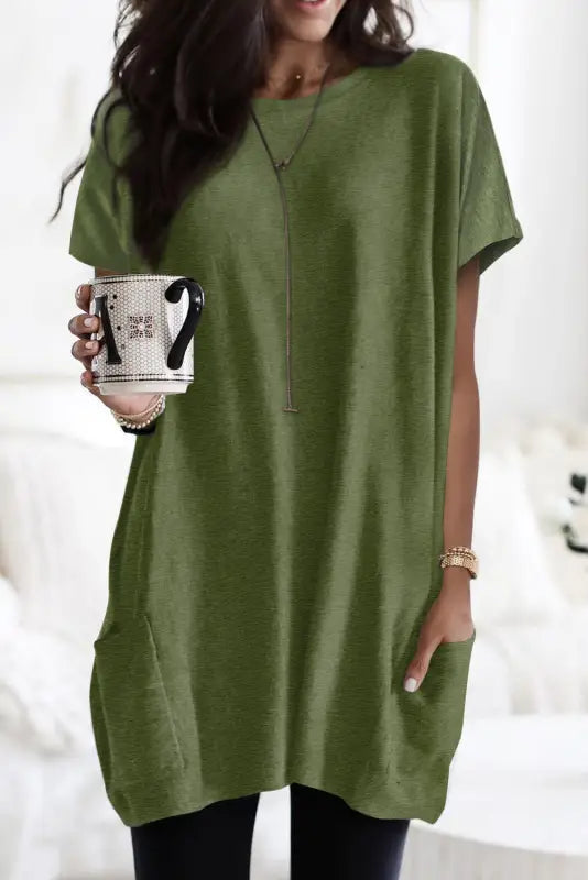 Black side pockets short sleeve tunic length plus size t shirt - green / s / 60% polyester + 35% viscose + 5% elastane