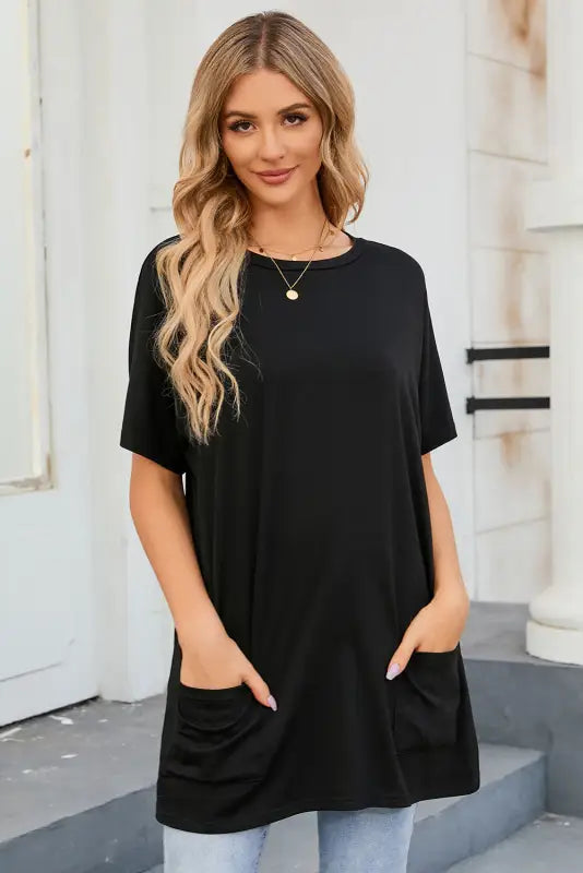 Black side pockets short sleeve tunic length plus size t shirt - s / 60% polyester + 35% viscose + 5% elastane