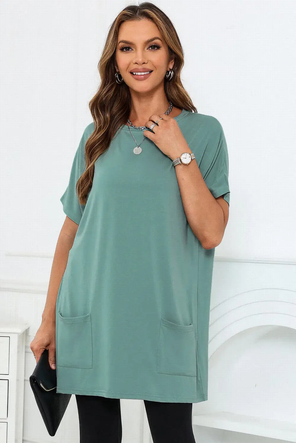 Black side pockets short sleeve tunic length plus size t shirt - green-2 / s / 60% polyester + 35% viscose + 5% elastane
