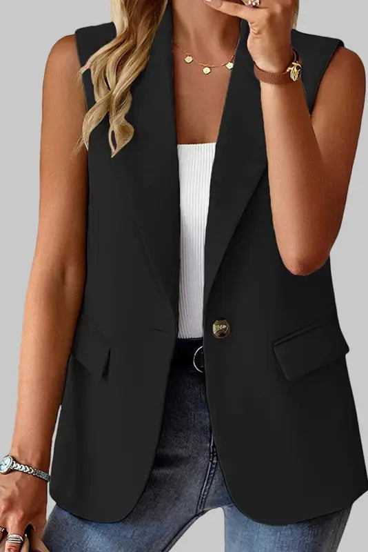 Black single button pocketed lapel vest blazer - blazers