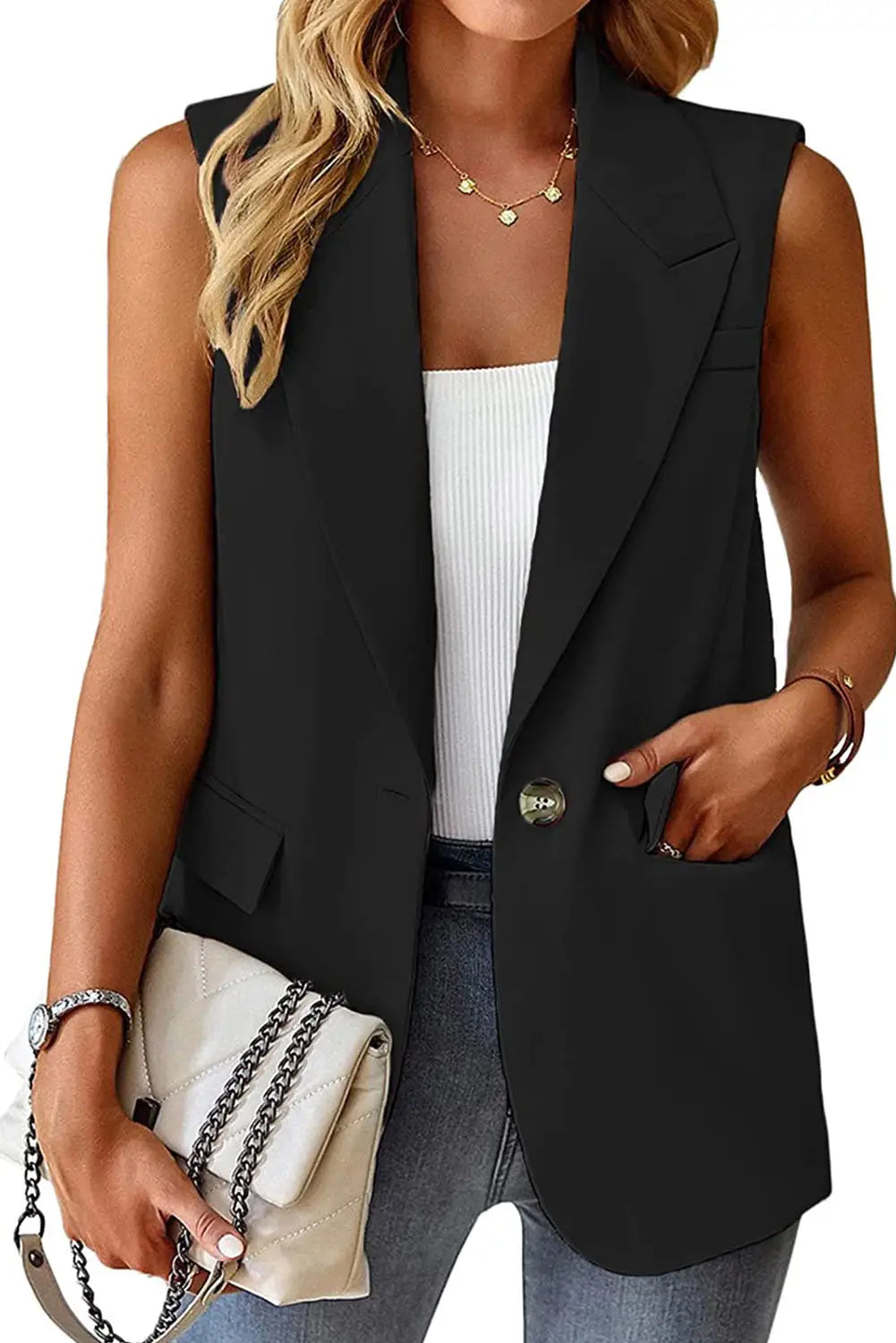 Black single button pocketed lapel vest blazer - outerwear