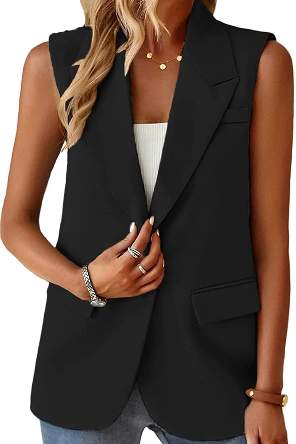 Black single button pocketed lapel vest blazer - blazers