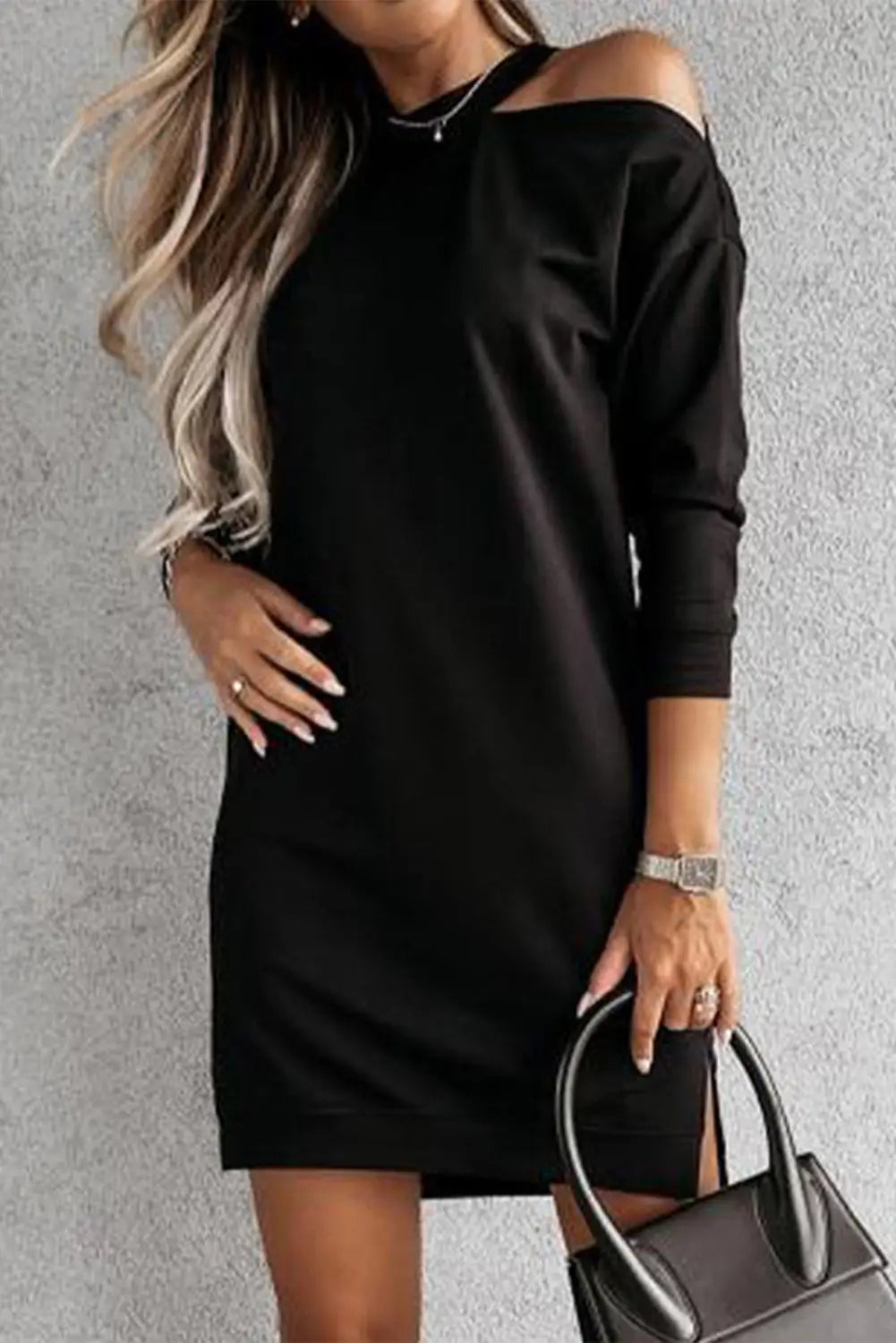 Black single cold shoulder t-shirt dress with slits -