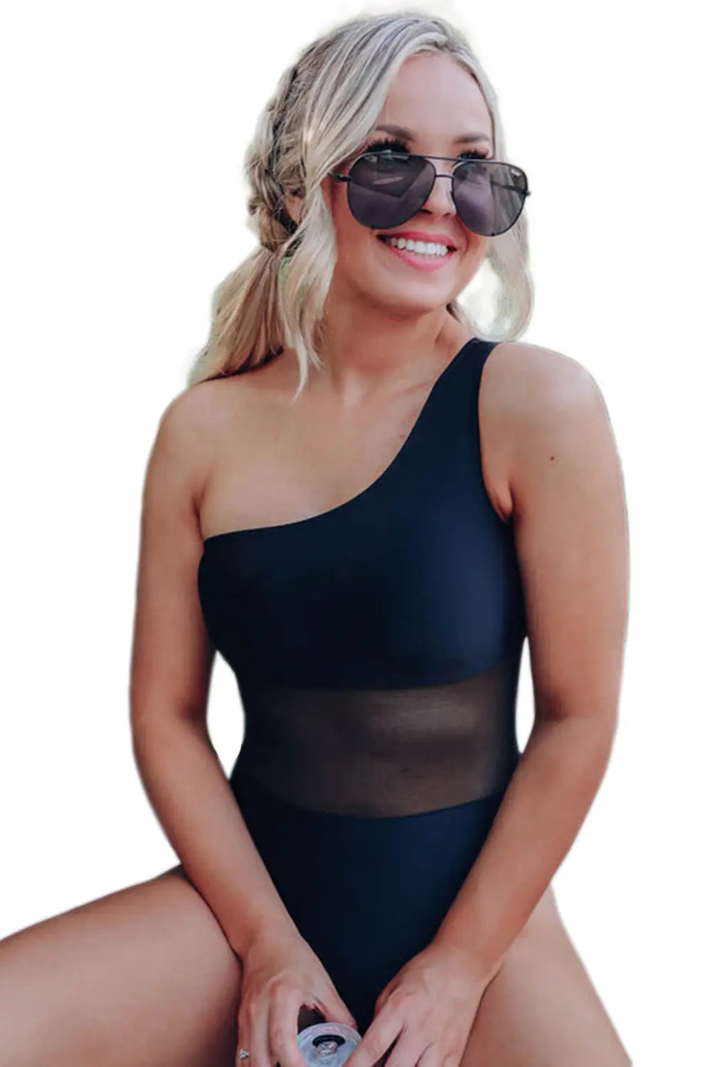 Black single shoulder mesh patchwork one-piece swimwear - one piece swimsuits
