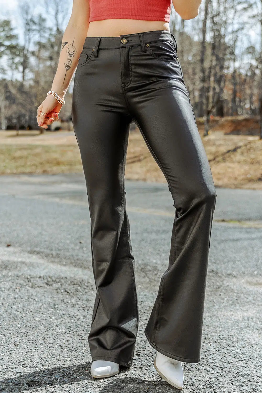 Black skinny leather flared pants - wide leg
