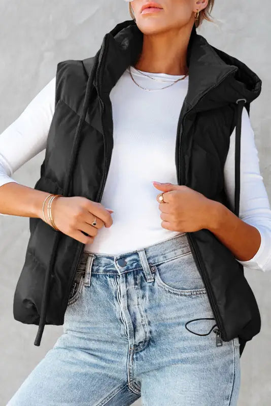 Black sleek quilted puffer hooded vest coat - s / 100% polyamide - outerwear