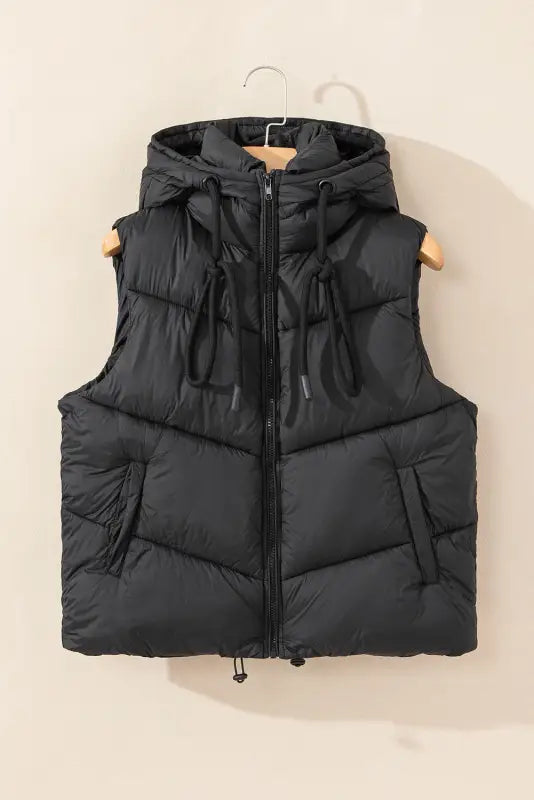 Black sleek quilted puffer hooded vest coat - outerwear