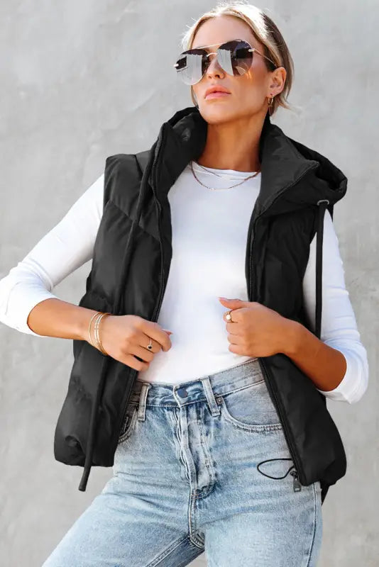 Black sleek quilted puffer hooded vest coat - outerwear