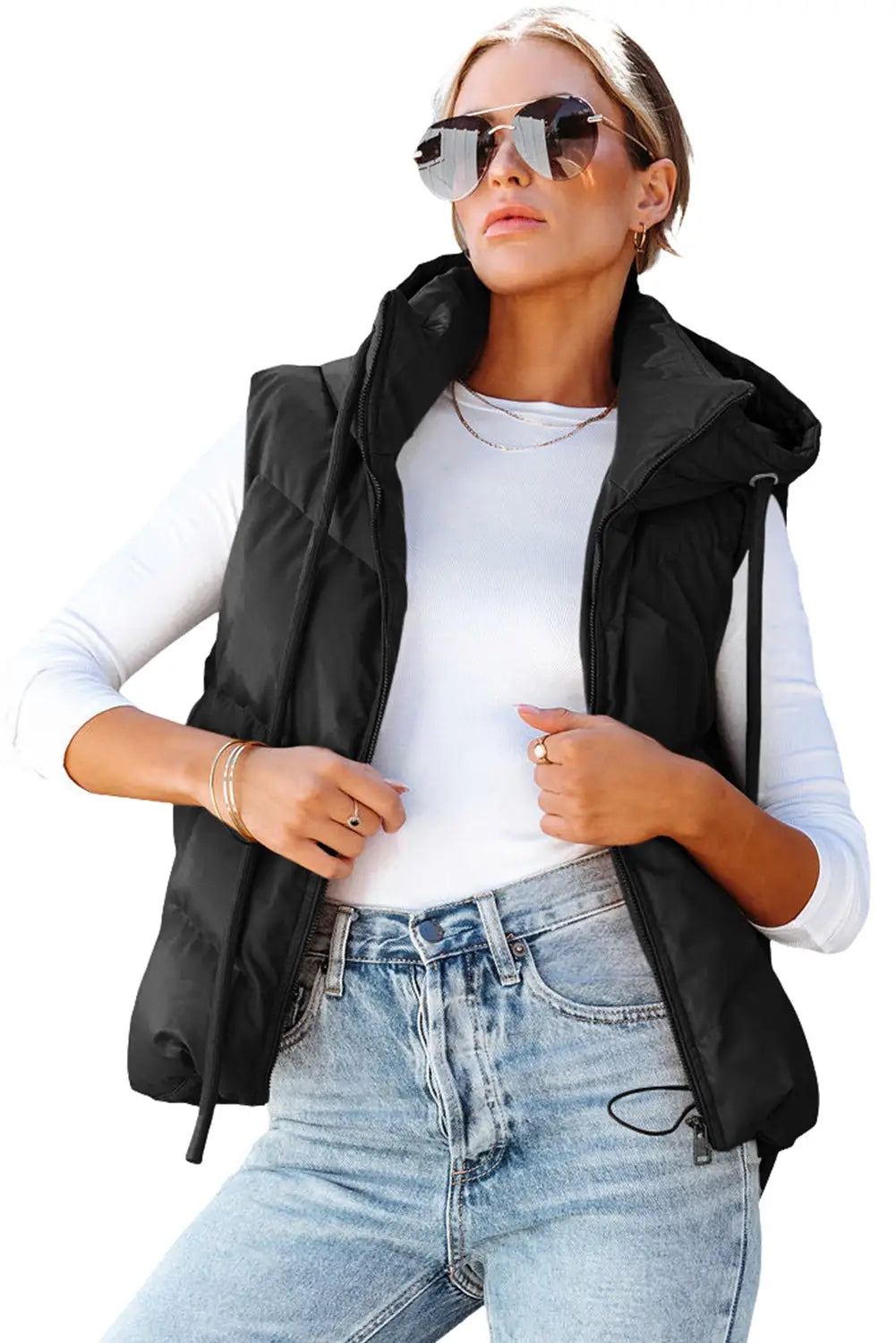 Black sleek quilted puffer hooded vest coat - outerwear