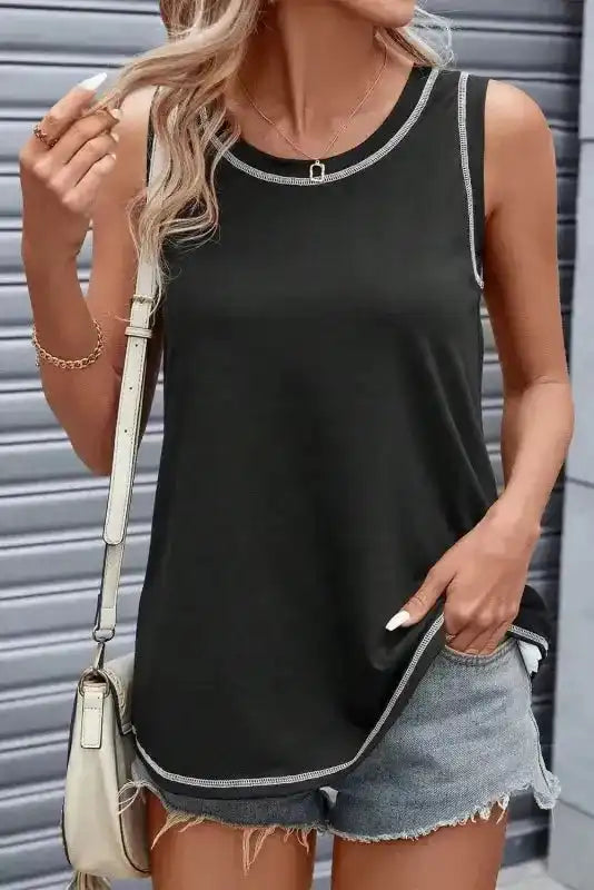 Black Sleeveless Top - Contrast Stitch Round Neck - Fashionfitz