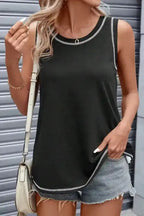 Black Sleeveless Top - Contrast Stitch Round Neck - Fashionfitz