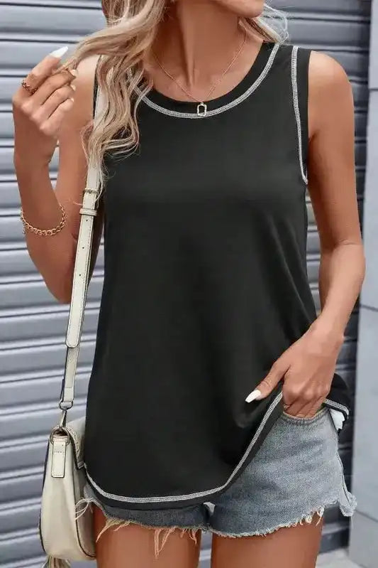 Black Sleeveless Top - Contrast Stitch Round Neck - Fashionfitz