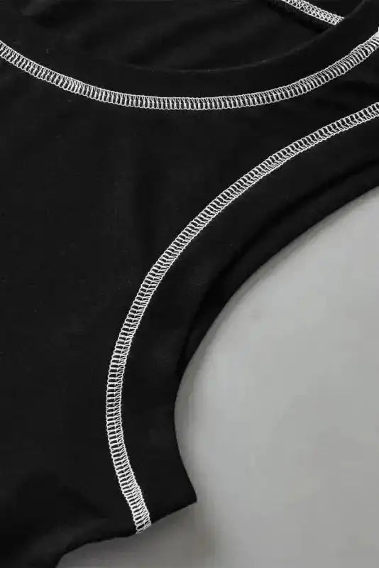 Black Sleeveless Top - Contrast Stitch Round Neck - Fashionfitz
