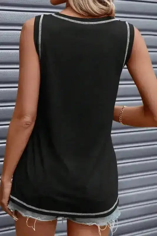 Black Sleeveless Top - Contrast Stitch Round Neck - Fashionfitz