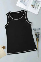 Black Sleeveless Top - Contrast Stitch Round Neck - Fashionfitz