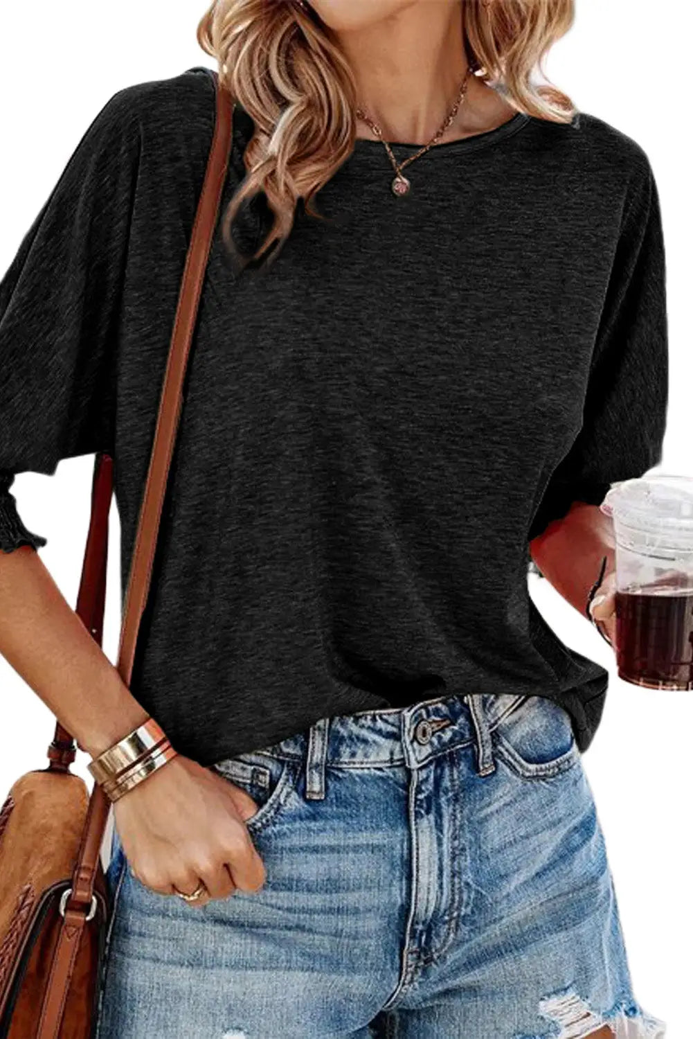 Black smocked 3/4 sleeve casual loose top - t-shirts