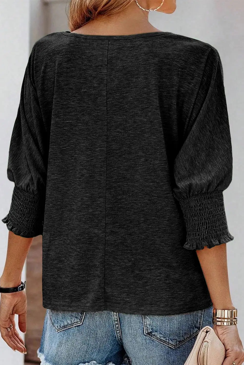 Black smocked 3/4 sleeve casual loose top - t-shirts