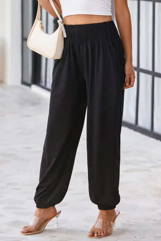 Black smocked high waist joggers - bottoms/pants & culotte