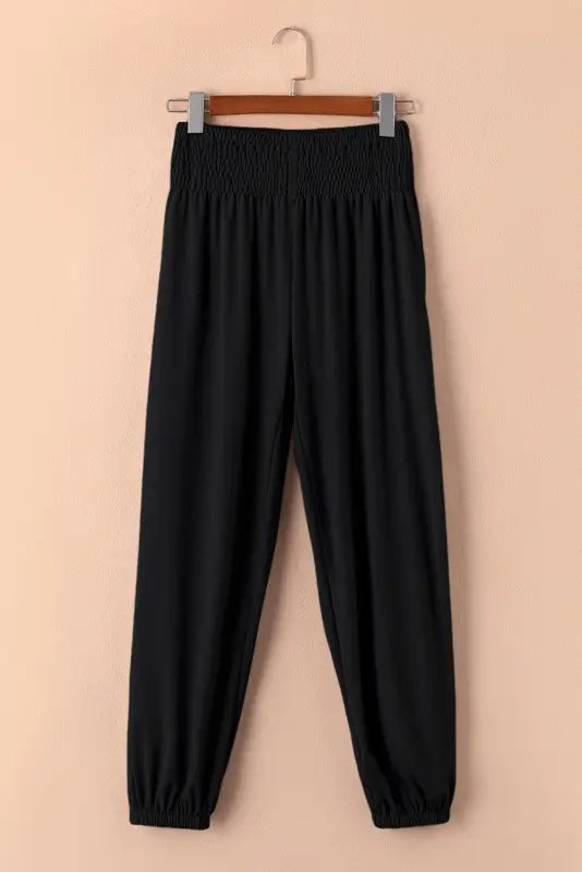 Black smocked high waist joggers - bottoms/pants & culotte