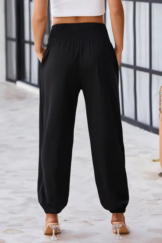 Black smocked high waist joggers - bottoms/pants & culotte