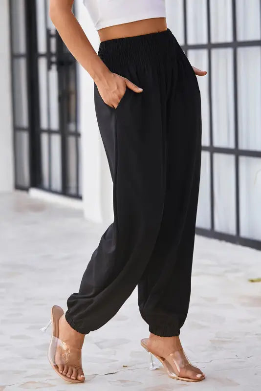 Black smocked high waist joggers - bottoms/pants & culotte