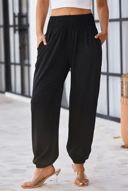 Black smocked high waist joggers - s / 95% polyester + 5% elastane - bottoms/pants & culotte