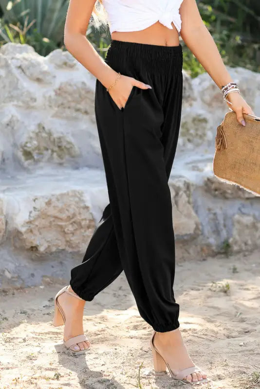 Black smocked high waist joggers - bottoms/pants & culotte