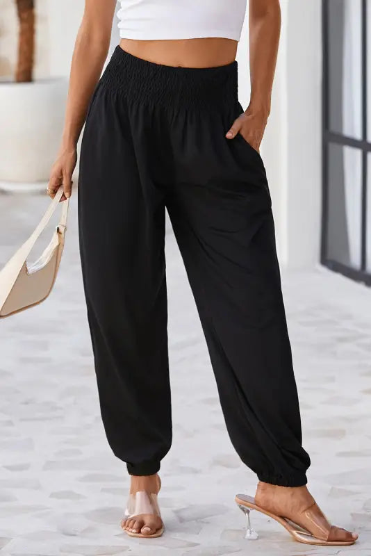 Black smocked high waist joggers - bottoms/pants & culotte