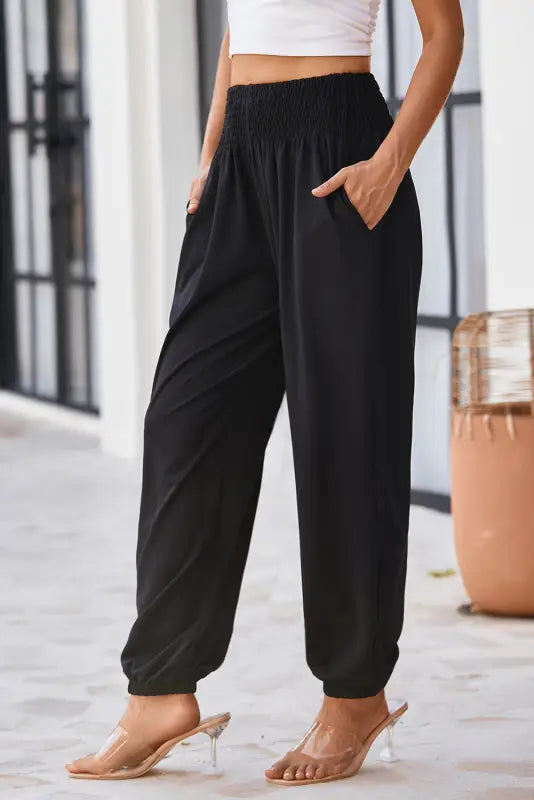 Black smocked high waist joggers - bottoms/pants & culotte