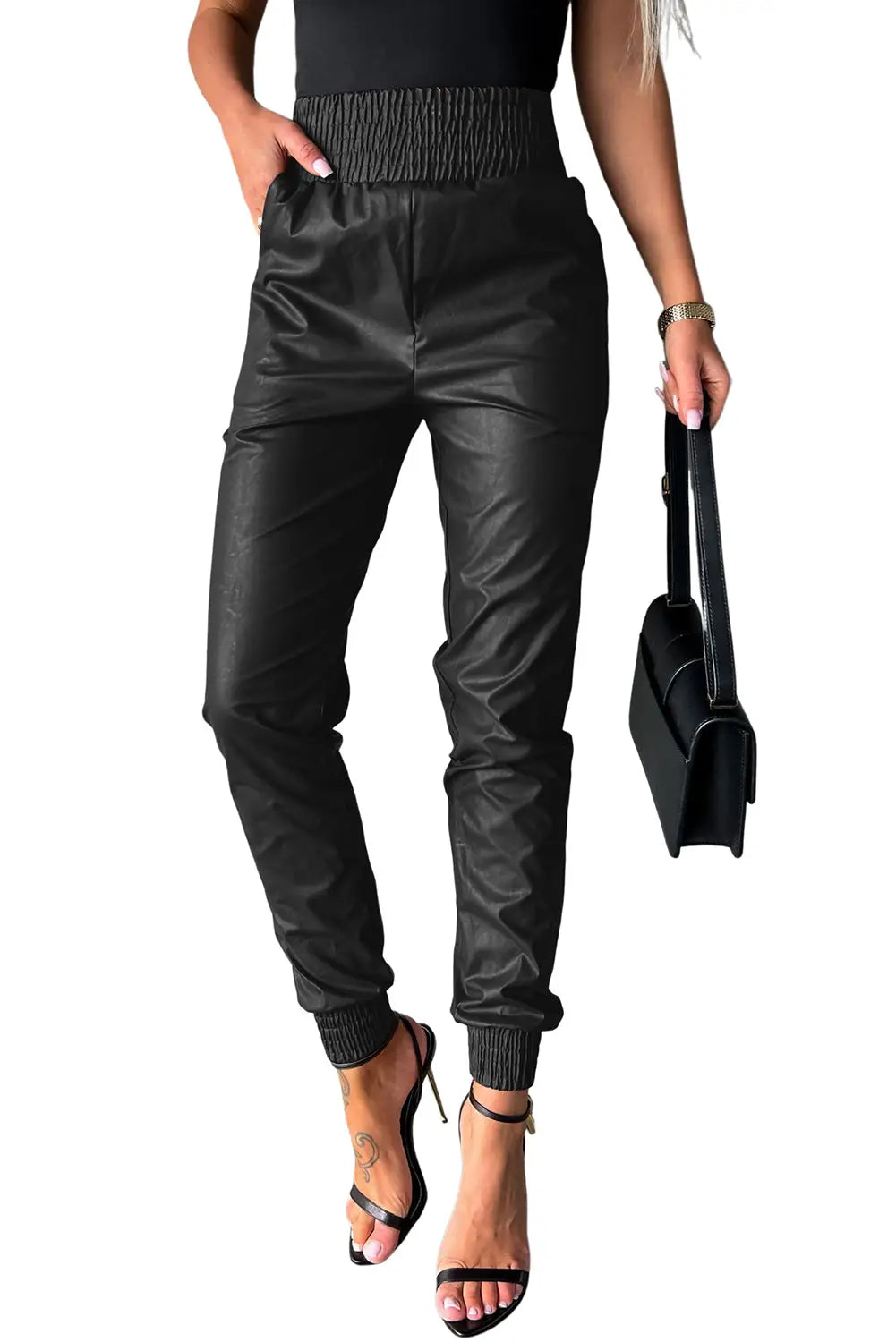 Black smocked high-waist leather skinny pants - bottoms