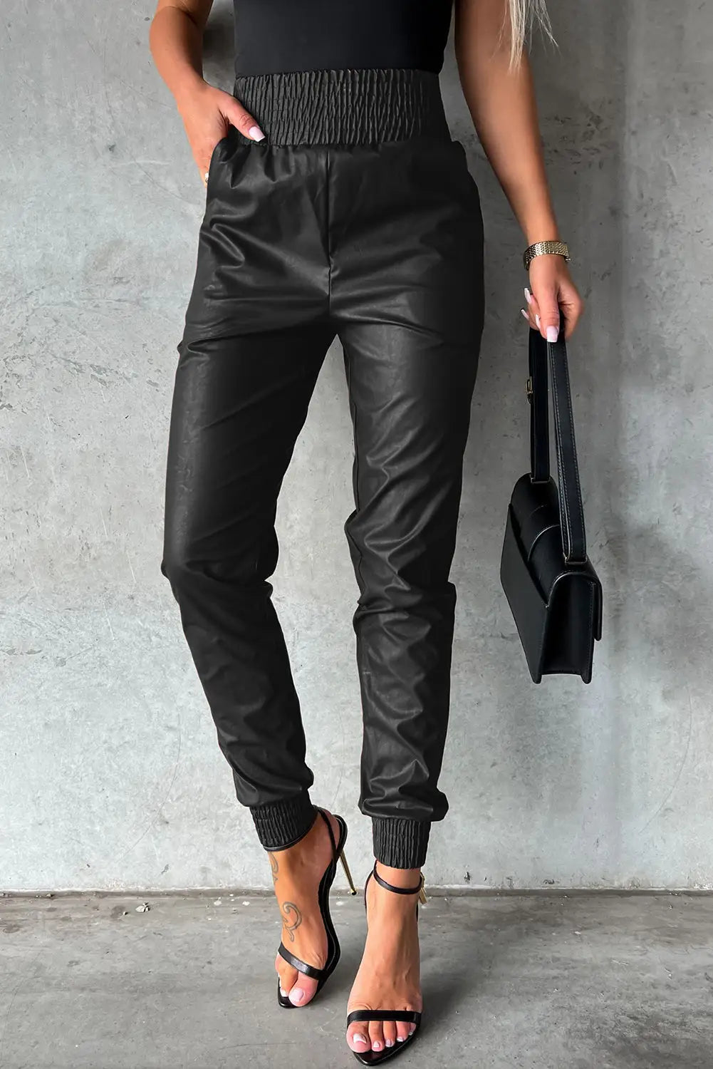 Black smocked high-waist leather skinny pants - l / 50% pu + 45% polyester + 5% elastane - bottoms