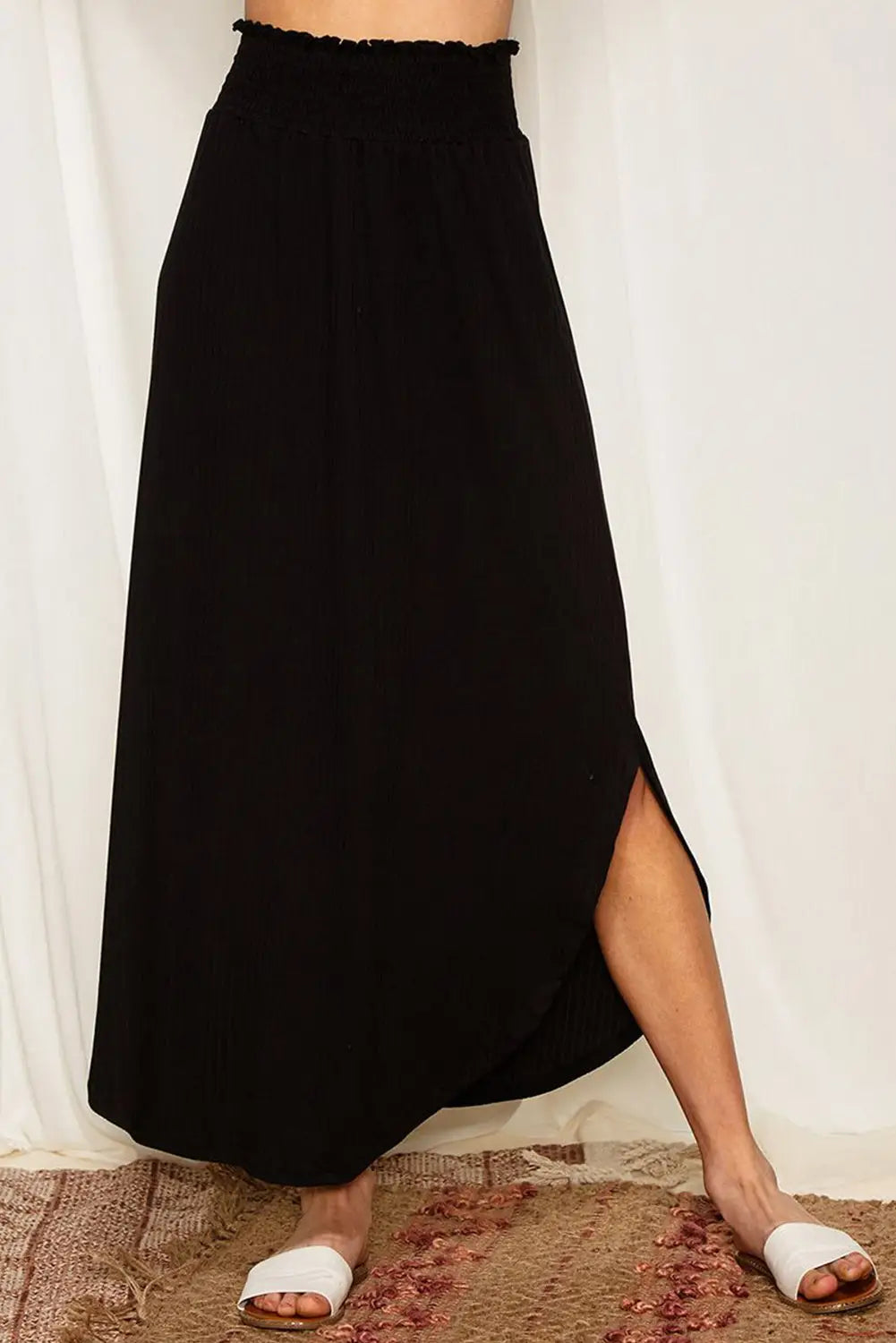 Black smocked high waist maxi skirt with slit - skirts