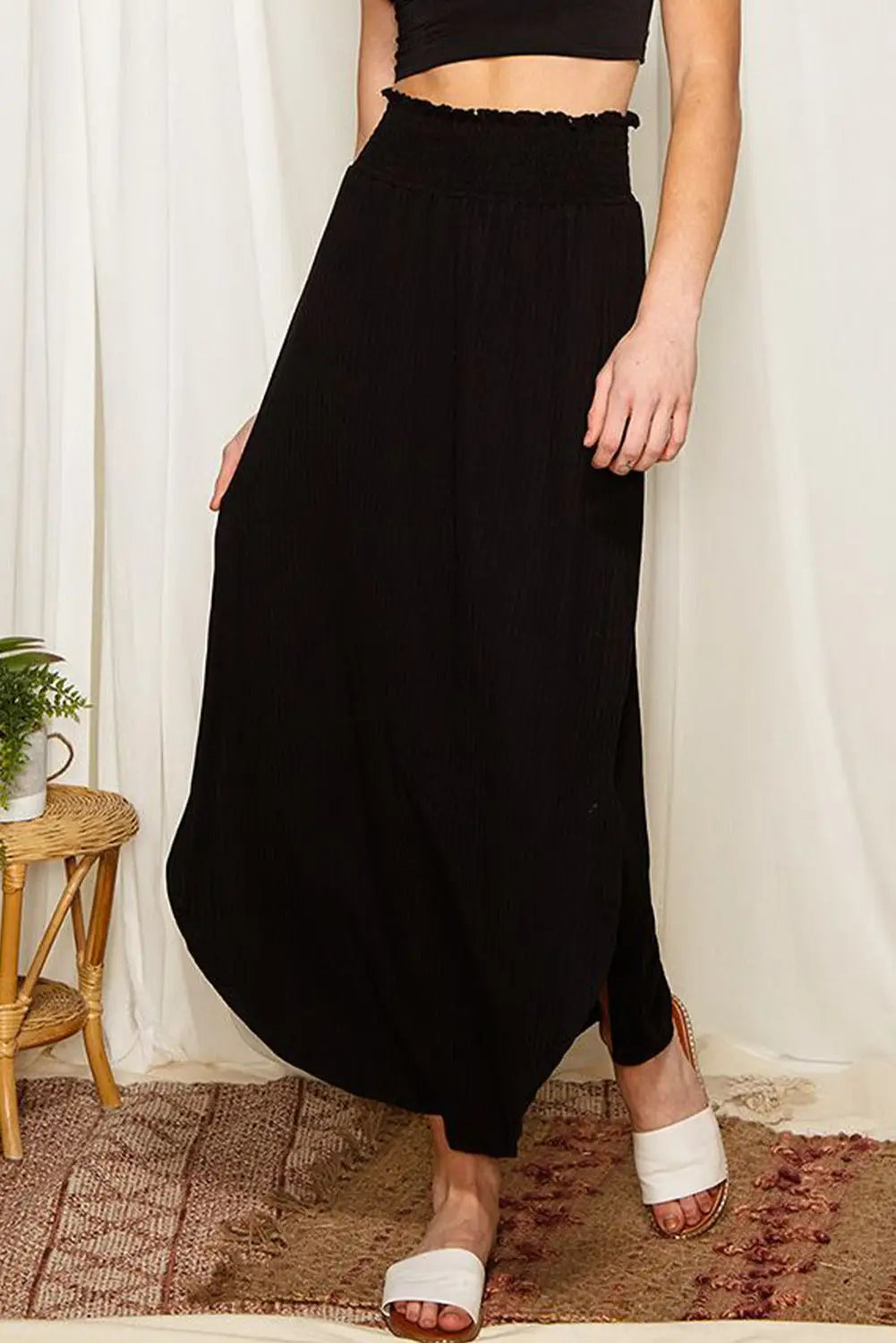 Black smocked high waist maxi skirt with slit - s / 95% polyester + 5% elastane - skirts